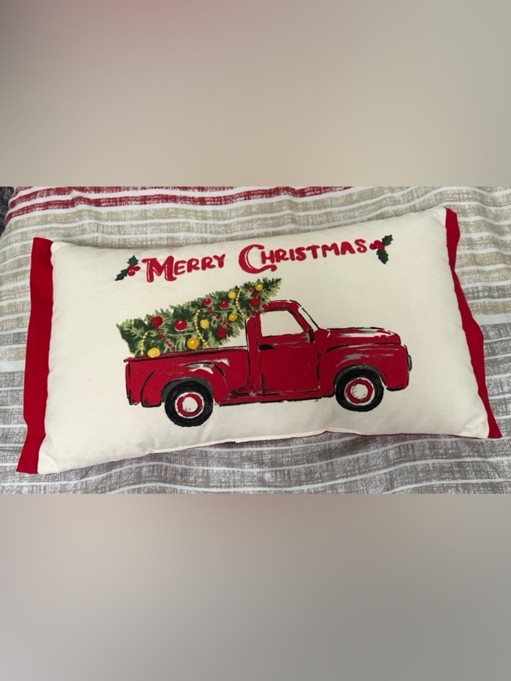 Embroidered Pillow Merry Christmas Old Red Pick-up Truck Decor 20" X 11"